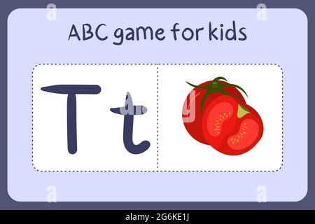 Kind Alphabet Mini-Spiele im Cartoon-Stil mit dem Buchstaben T - Tomate. Vektor-Illustration für Spiel-Design - Schneiden und spielen. Lerne abc mit Flash-Karten für Obst und Gemüse. Stock Vektor