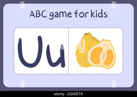 Kind Alphabet Mini-Spiele im Cartoon-Stil mit dem Buchstaben U - ugli. Vektor-Illustration für Spiel-Design - Schneiden und spielen. Lerne abc mit Flash-Karten für Obst und Gemüse. Stock Vektor