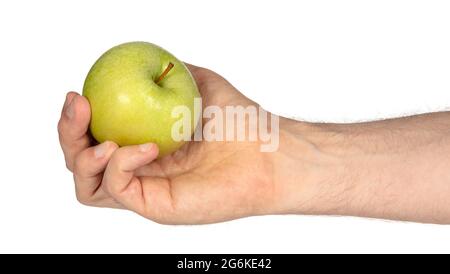 Grüner Apfel in der erwachsenen Hand, isoliert auf weiß Stockfoto