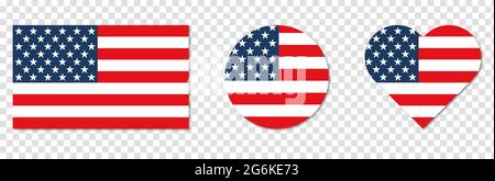Amerikanische Flagge in Form von Quadrat, Herz und Kreis. Vektordarstellung auf transparentem Hintergrund isoliert Stock Vektor