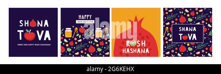 jüdisches Neujahr, rosh hashanah, Grußkarte mit traditionellen Ikonen. Frohes neues Jahr. Apfel, Honig, Granatapfel, Blumen und Blätter, Jüdisches Neu Stock Vektor
