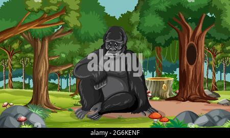Gorilla in Wald- oder Regenwald-Szene mit vielen Bäumen Illustration Stock Vektor