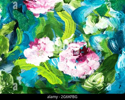 Abstrakte Malerei helle Blumen, original handgezeichnet, Impressionismus-Stil, Farbtextur, Pinselstriche der Farbe, Hintergrund der Kunst. Moderne Kunst. Contem Stockfoto