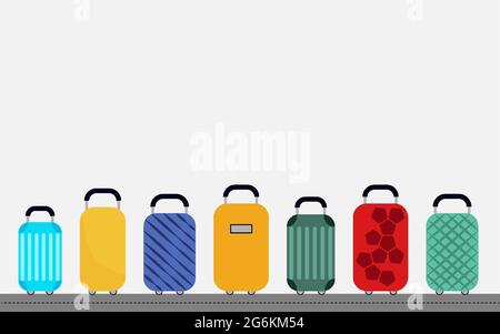Verschiedene bunte Taschen Gepäck.auf einem Förderband Stock Vektor