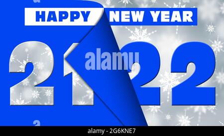 Jahreswechsel 2022 mit Schriftzug Happy New Year - blau und weiß auf Hintergrund mit Schneeflocken - 3D-Illustration Stockfoto