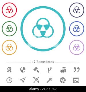 Farbmischung von flachen Farbsymbolen in kreisförmigen Umrissen. 12 Bonus-Symbole enthalten. Stock Vektor