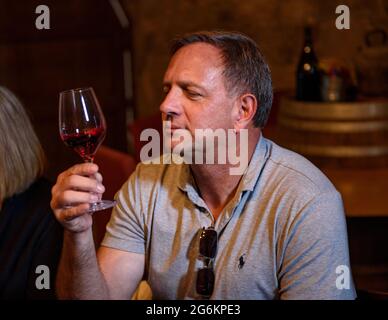 Ein Tourist bei einer Weinprobe im Weingut Oller del Mas, in der Nähe von Manresa (Bages, Barcelona, Katalonien, Spanien) ESP: UN turista en una cata de vinos Stockfoto