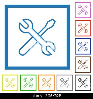 Kreuzschlüssel und Schraubendreher umreißen flache Farbsymbole in quadratischen Rahmen auf weißem Hintergrund Stock Vektor