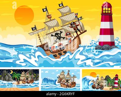 Set aus verschiedenen Strandszenen mit Piratenschiff-Illustration Stock Vektor