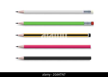 Realistisch hell. 3d-Bleistift-Set für Papierdesign. Realistischer Vektor-Satz von klassischen einfachen Holzgraphit-Bleistiften. Stock Vektor