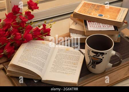 Schreibtisch, Still Life mit Büchern und Kaffeetasse, Bharuch, Gujarat, Indien Stockfoto