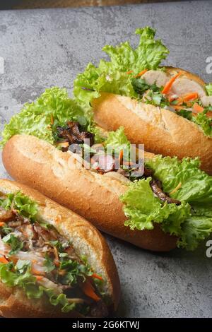 Ein köstliches Bánh Mì-Sandwich gefüllt mit herzhaftem Schweinefleisch, frischen Kräutern und eingelegtem Gemüse, serviert in einem knusprigen Baguette – ein perfekter Geschmack von Vietnamesisch Stockfoto