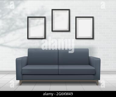 Realistisches Innensofa auf Backsteinwand-Hintergrund mit Bilderrahmen. Fallende Schatten überlagern sich von Pflanzen. Stock Vektor