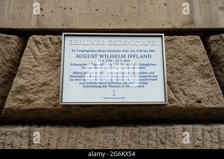 Gedenktafel von August Wilhelm Iffland, Berlin, Deutschland Stockfoto