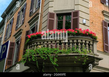 Schöner Balkon mit Fenstern und Blumen. Braune Gebäudefassade mit Fenstern, die vom Himmel reflexiert wurden, und Fensterläden in der Innenstadt Stockfoto