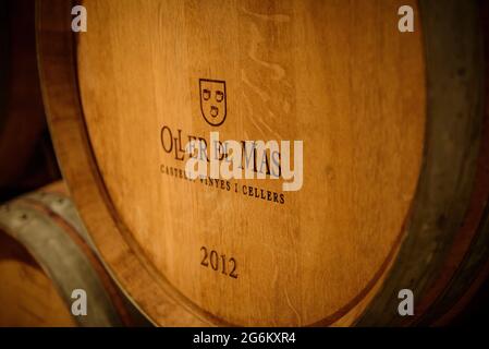 Oller del Mas Weingut, mit den Weinfässern (Manresa, Bages, Barcelona, Katalonien, Spanien) ESP: Bodega del Oller del Mas, con las botas de vino (Manresa) Stockfoto