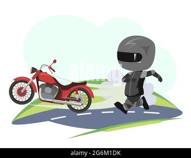 Biker-Cartoon. Abbildung für Kinder. Rennrad jagen. Sportuniform und Helm. Cooles Motorrad. Zerkleinerer. Witziger Motorradfahrer. Isolierter Hintergrund. Vektor Stock Vektor