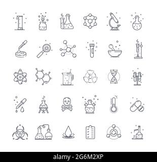 Große Auswahl an Chemielabors und diagrammatischen Symbolen, die verschiedene Experimente, Glaswaren und Moleküle auf weißem Hintergrund isoliert zeigen. Designelemente Stock Vektor