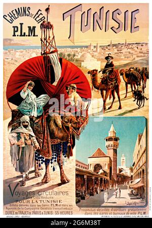 Chemins de fer. Tunisie PLM von Frederic Hugo d'Alési (1849-1906). Restauriertes Vintage-Poster, das 1905 in Frankreich veröffentlicht wurde. Stockfoto