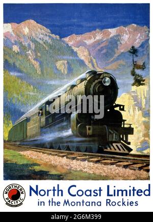 North Coast Limited in den Montana Rockies von Gustav Wilhelm Krollmann (1888-1962). Restauriertes Vintage-Poster, das 1929 in den USA veröffentlicht wurde. Stockfoto