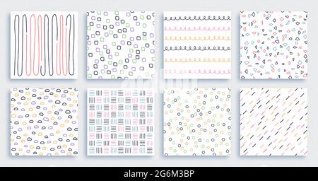 Abstrakte handgezeichnete geometrische einfache minimalistische nahtlose Muster gesetzt. Gestreifte Chevron- und Dot-Ornamente. Vektor-Tapete oder Stoffdruck aus Pinsel Stock Vektor