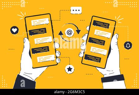 Online-Kommunikation. Männliche Hand hält Smartphone mit Message Chart auf dem Bildschirm Vektor flache Abbildung. Menschlicher Arm mit Handy-Messenger-Anwendung Stock Vektor