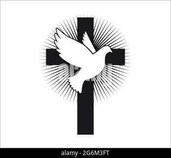 Taube fliegen mit einem Symbol der Religion. Kreuz. Taube Des Friedens. Vektorgrafik. Heiliger Geist. Kirchenlogo. Stock Vektor