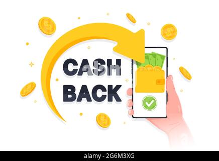 Pfeil gab Goldmünzen und Cash-Back-Beschreibung auf dem Smartphone-Bildschirm zurück. Konzept des Cashback-Treueprogramms. Geld sparen. App zum Erstattungsbetrag Vec Stock Vektor