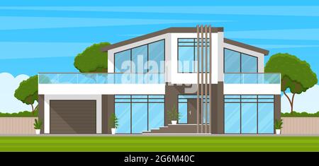 Modernes Cottage House außen. Ein Sommerhaus oder ein schönes zweistöckiges Wohngebäude in einem Vorort mit einer Veranda, umgeben von wunderschöner Natur. Co Stock Vektor
