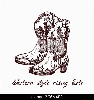 WESTERN-Stil Reitstiefel, Holzschnitt Tinte Zeichnung Illustration mit Inschrift Stockfoto