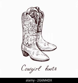 Cowgirl Stiefel, Holzschnitt Tinte Zeichnung Illustration mit Inschrift Stockfoto