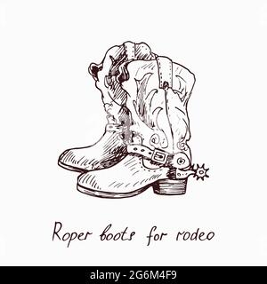 Roper boots for rodeo, woodcutstyle ink drawing illustration with inscription Stockfoto