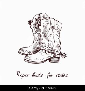 Roper Stiefel für Rodeo, Holzschnitt Tuschezeichnung Illustration mit Inschrift Stockfoto