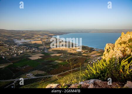 Israel, Galilee, der See von Galilee [See Kineret oder See Tiberias] vom Berg Arbel aus gesehen Stockfoto