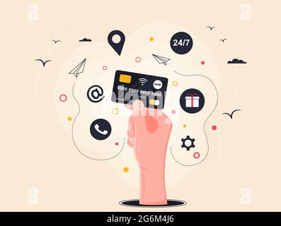 Bezahlen Sie mit Kreditkarte. Menschliche Hand hält Bankkreditkarte. Finanz- und Zahlungskonzept Vektordarstellung im flachen Stil. Stock Vektor