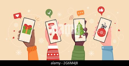 Abstraktes weihnachts-Online-Shopping-Konzept mit 4 Händen, die Smartphones mit weihnachtsgeschenken auf den Bildschirmen halten. Flache Cartoon-Vektor-Illustration Stock Vektor