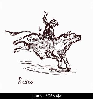 Rodeo, cowboy on bull, woodcutstyle ink drawing illustration with inscription Stockfoto