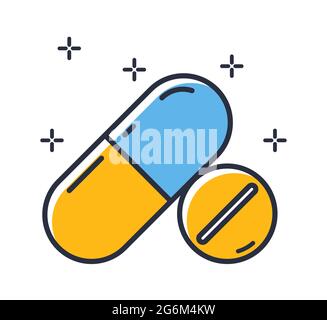 Symbol für antibiotische Pillen. Medikamente auf weißem Hintergrund isoliert. Designelemente, farbig. Element für mobile Konzepte und Web-Apps. vecto in flacher Ausführung Stock Vektor