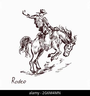 Rodeo, cowboy on horse, woodcutstyle ink drawing illustration with inscription Stockfoto