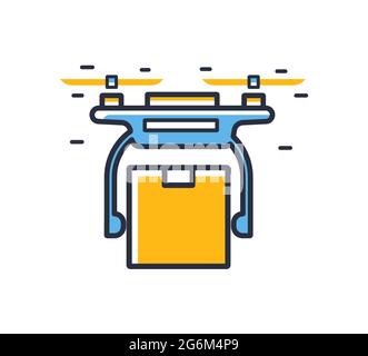 Drohnensymbol. Drohne, um ein auf weißem Hintergrund isoliertes Paket zu transportieren. Designelemente, farbig. Element für mobile Konzepte und Web-Apps. Flacher V-Schnitt Stock Vektor