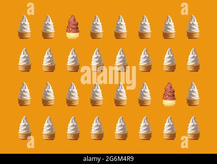 Reihen von zwei Arten von Soft Serve Ice Cream Cones Muster auf lebhaftem Orange Hintergrund Stockfoto