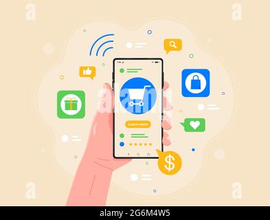 Vektorgrafik für den Kauf von zu Hause. Männliche Hand hält Smartphone mit offenem Internet-Anwendung für E-Kauf flache Stil Design. Online-Shopping Stock Vektor