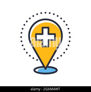 Symbol für den Krankenhausstandort. Symbol für medizinischen Standort auf weißem Hintergrund isoliert. Designelemente, farbig. Element für mobile Konzepte und Web-Apps. Flache s Stock Vektor