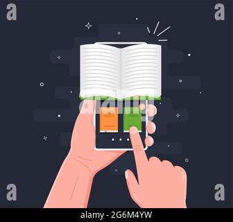 Elektronische digitale Bibliothek. Online-Bibliothek auf dem Handy-Bildschirm. Online-Schulungen. Konzeptionelle Vektordarstellung für Web, Grafikdesign, La Stock Vektor