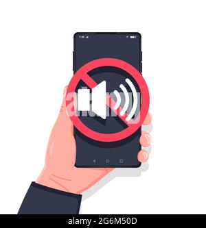 Smartphone-Ton mit der Hand aus. Kein Signalton für Mobiltelefon. Zeichen für Lautstärke aus oder Stummschaltung für Smartphone. Bitte schalten Sie Ihr Mobiltelefon stumm, Smar Stock Vektor