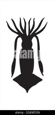 Tintenfisch, Calamar. Schwarze Silhouette Vektorgrafik isoliert auf weißem Hintergrund. Die Schwestergruppe des Kraken. Stock Vektor