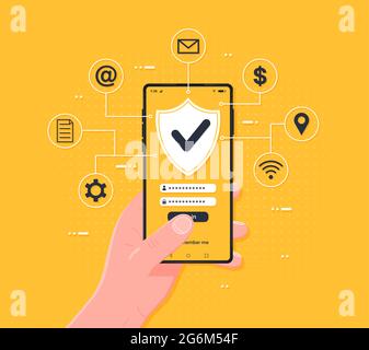 Autorisierungsformular und Kennwortprüfung. Sicherheitsschutz zur Überprüfung des Passworts durch Autorisierungshinweis auf dem Mobiltelefon. Moderne Smartphone-App. Stock Vektor