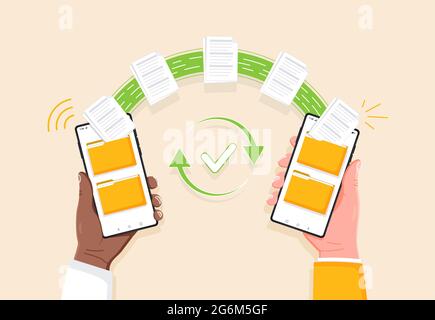 Übertragen von Daten, Kopieren, Herunterladen von Prozessen, Freigeben von Dateien oder Senden von Dokumenten von einem Ordner in einen anderen. Abgeflaschter, isolierter Vektor Stock Vektor