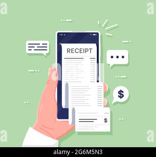Rechnungsprüfung online, Rechnungsprüfung und Zahlungsschecks mobile Benachrichtigung. Quittung per Smartphone. Einkaufen von Bargeldrechnungen, Kauf von Steuertransakteen Stock Vektor