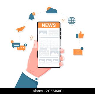 Online-Zeitungsmedien. Zeitung auf dem Smartphone lesen. WebReading News zum Konzept mobiler Geräte. Eine Hand hält Smartphone mit Nachrichten-Website. Flache s Stock Vektor